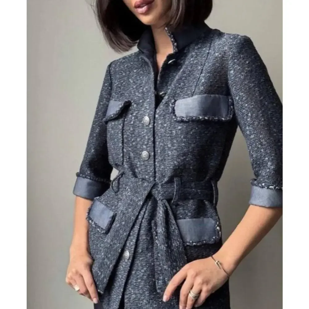 Chanel Spring 2012 Blue Tweed & Denim Belted Jacket FR 38